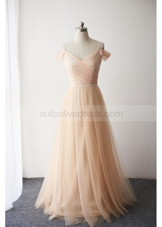 Off Shoulder Blush Lace Champagne Tulle Bridesmaid Dress